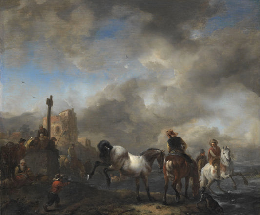 Horsepond near a Boundary Stone – Philips Wouwerman (mentioned on object) Vintage Art Print | Wall Art Poster
