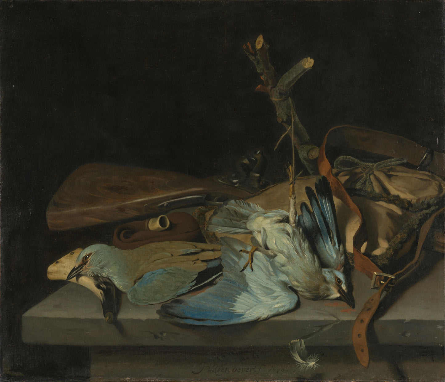 Still life with hunting implements and two European rollers – Hendrick ten Oever Vintage Still Life Art Print | Wall Art Poster
