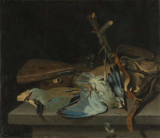 Still life with hunting implements and two European rollers – Hendrick ten Oever Vintage Still Life Art Print | Wall Art Poster