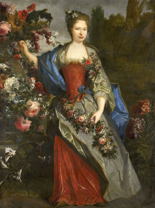 Portrait of a Woman, according to tradition Marie Louise Elisabeth d'Orléans (1695-1719), Duchesse de Berry, as Flora – school van Nicolas de Largillière Vintage Portrait Art Print | Wall Art Poster