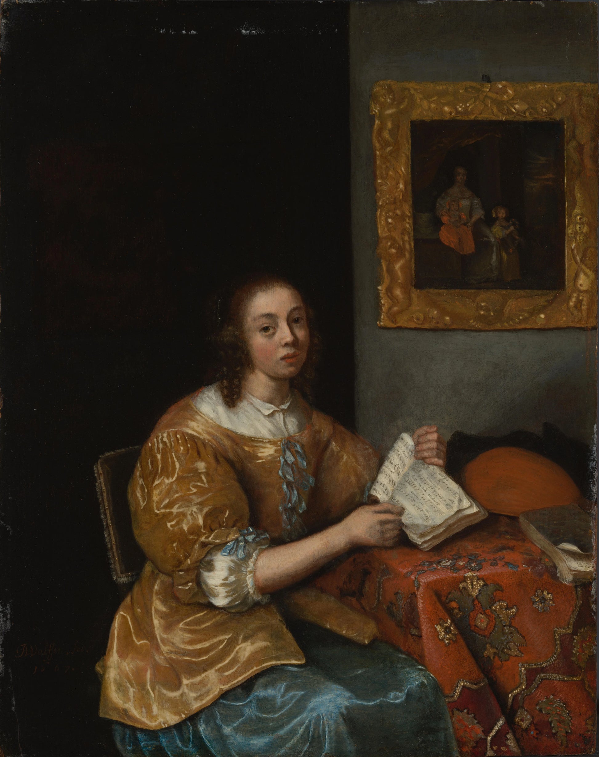 Zittende vrouw in het geel met bladmuziek in de hand, naast haar een luit op de tafel – Aleijda Wolfsen (signed by artist) Vintage Art Print | Wall Art Poster