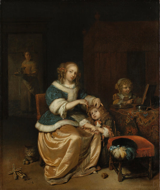 Interior with a Mother Combing her Child’s Hair – Caspar Netscher Vintage Art Print | Wall Art Poster