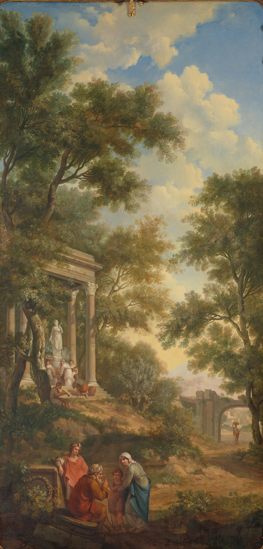 Arcadisch landschap met links een tempel en op de voorgrond een zittende oude man – Jurriaan Andriessen Vintage Landscape Art Print | Wall Art Poster