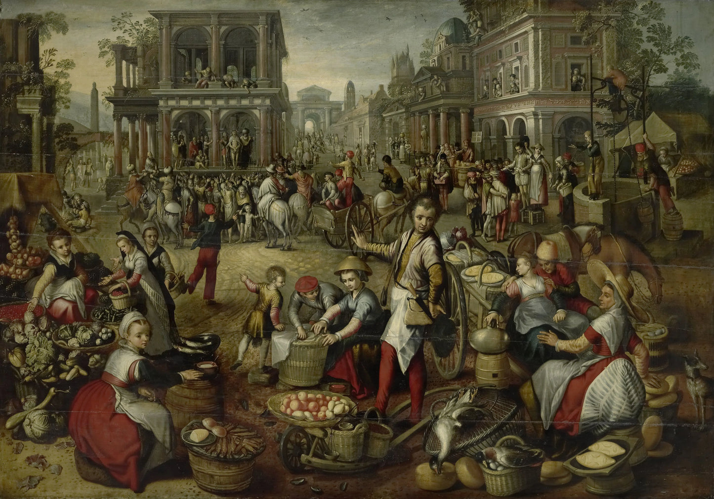 Marketplace, with the Flagellation, the Ecce Homo and the Bearing of the Cross in the background – copy after Joachim Bueckelaer Vintage Art Print | Wall Art Poster
