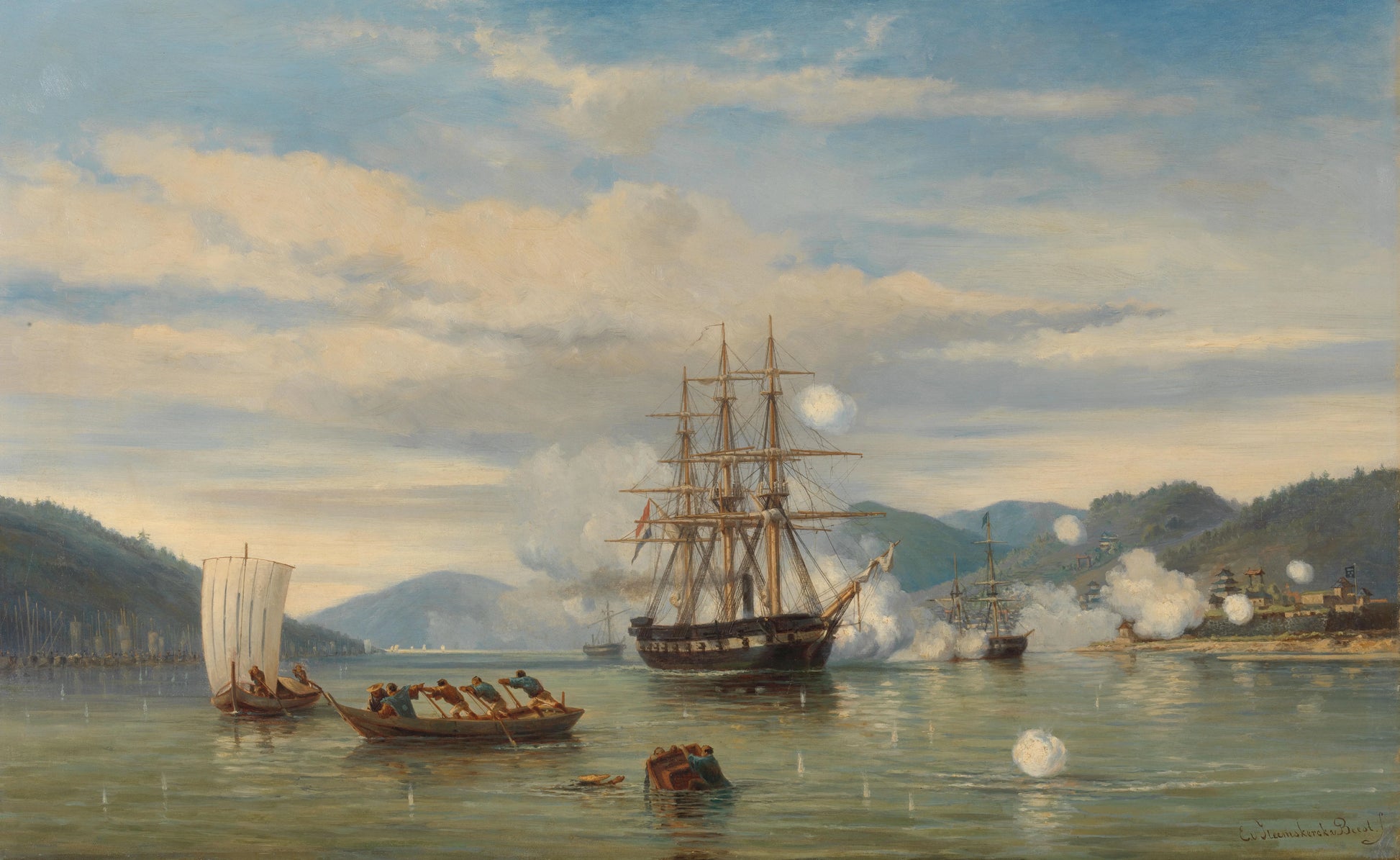 HMS Steam-Powered Battleship Medusa Opening the Shimonoseki Straits – jonkheer Jacob Eduard van Heemskerck van Beest Vintage Nautical Scene Art Print | Wall Art Poster