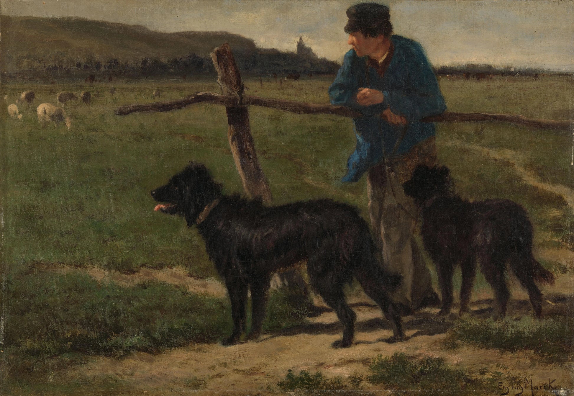 Boer met honden – Emile van Marcke de Lummen (mentioned on object) Vintage Animal Study Art Print | Wall Art Poster
