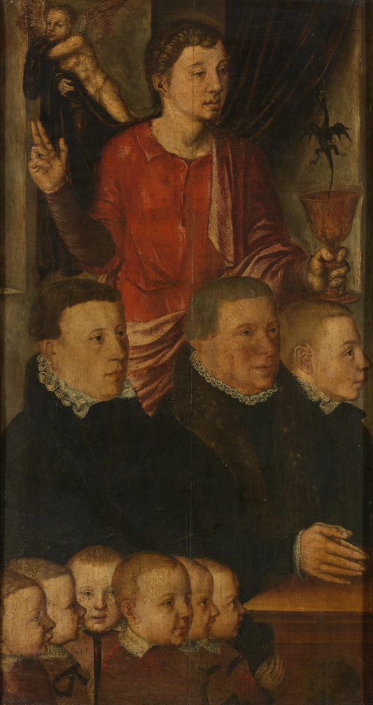 Left wing of a Memorial Triptych, formerly called the Gertz Memorial Triptych, with nine male Donor Portraits with Saint John the Evangelist (inner), and Saint Peter (outer) – kopie naar Hugo van der Goes Vintage Portrait Art Print | Wall Art Poster