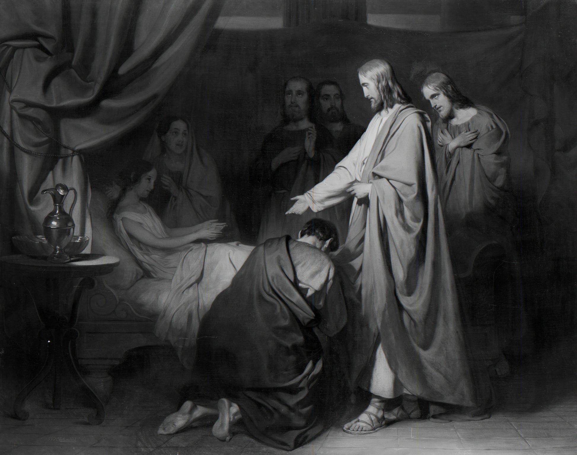 De opwekking van het dochtertje van Jaïrus – Willem Hendrik Schmidt (mentioned on object) Vintage Art Print | Wall Art Poster
