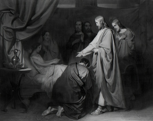 De opwekking van het dochtertje van Jaïrus – Willem Hendrik Schmidt (mentioned on object) Vintage Art Print | Wall Art Poster