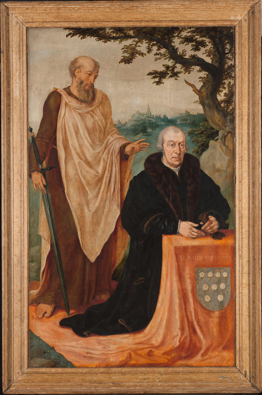 Left Wing of a Triptych: the Donor Matelief Dammasz. and St Paul (front) and the Erythraean Sibyl (back) – Maarten van Heemskerck Vintage Art Print | Wall Art Poster