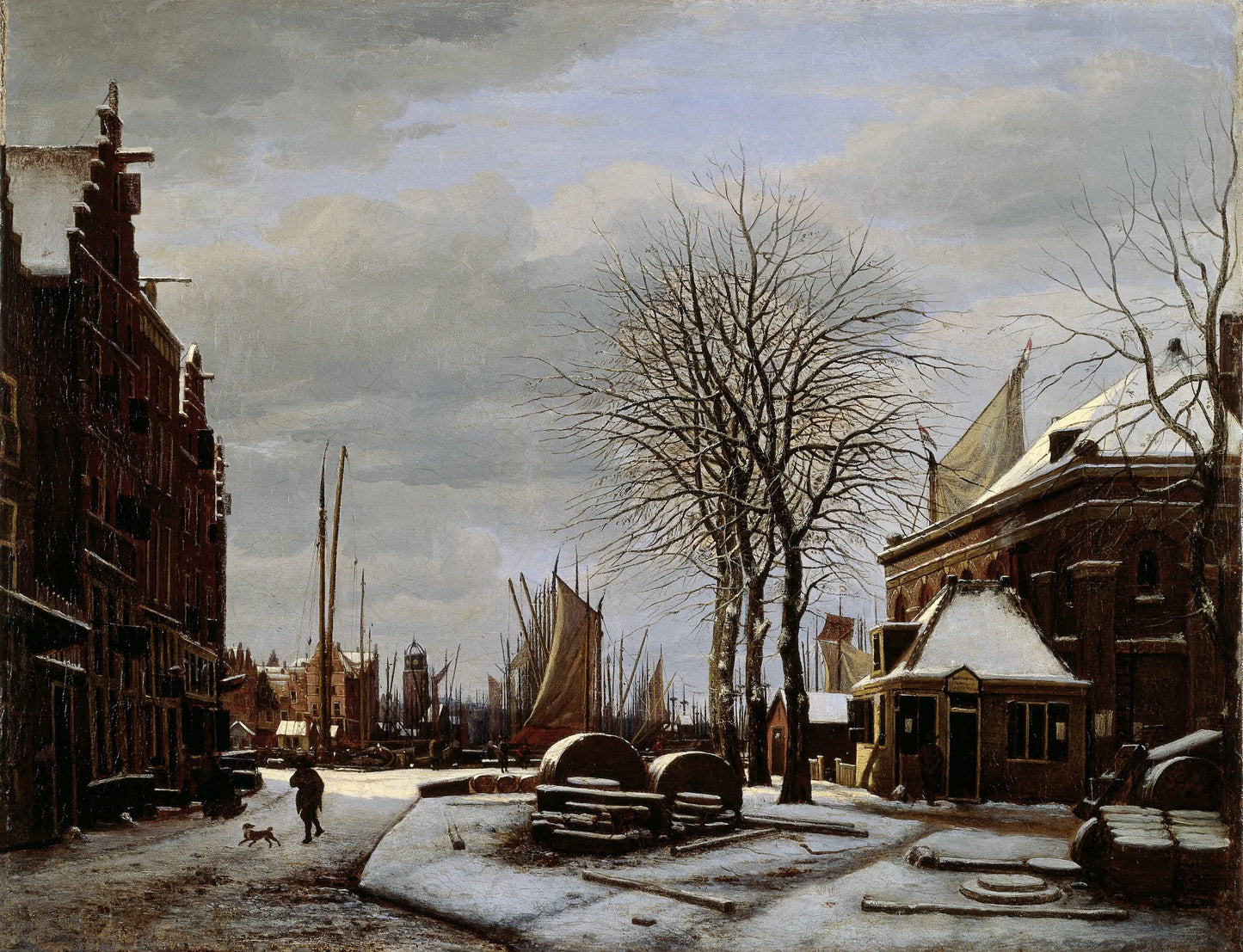 Slijpsteenmarkt (Whetstone Market) in Amsterdam with the Building 'Het Zeerecht' in Winter (The Slypsteenen at Amsterdam) – George Pieter Westenberg Vintage Landscape Art Print | Wall Art Poster