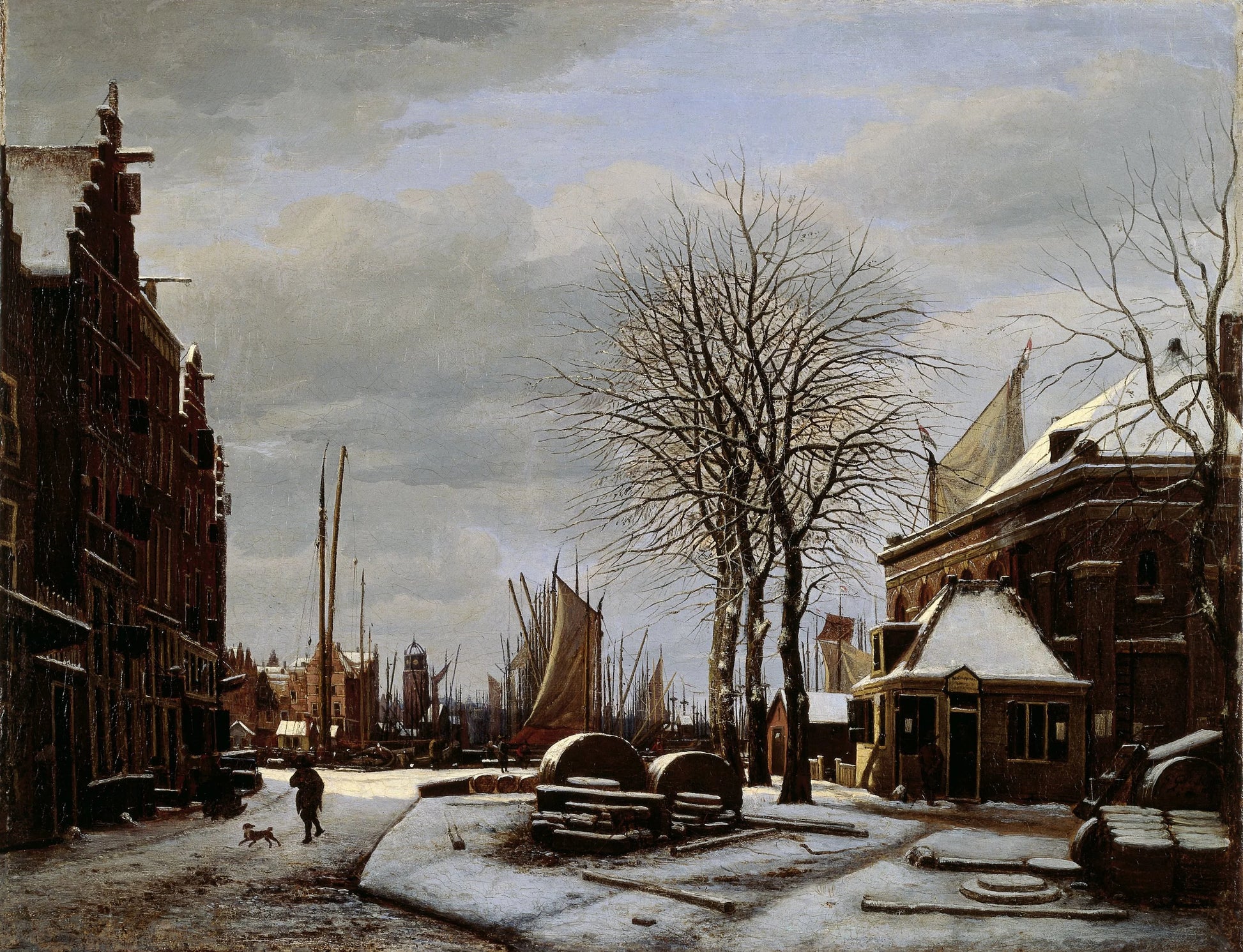 Slijpsteenmarkt (Whetstone Market) in Amsterdam with the Building 'Het Zeerecht' in Winter (The Slypsteenen at Amsterdam) – George Pieter Westenberg Vintage Landscape Art Print | Wall Art Poster