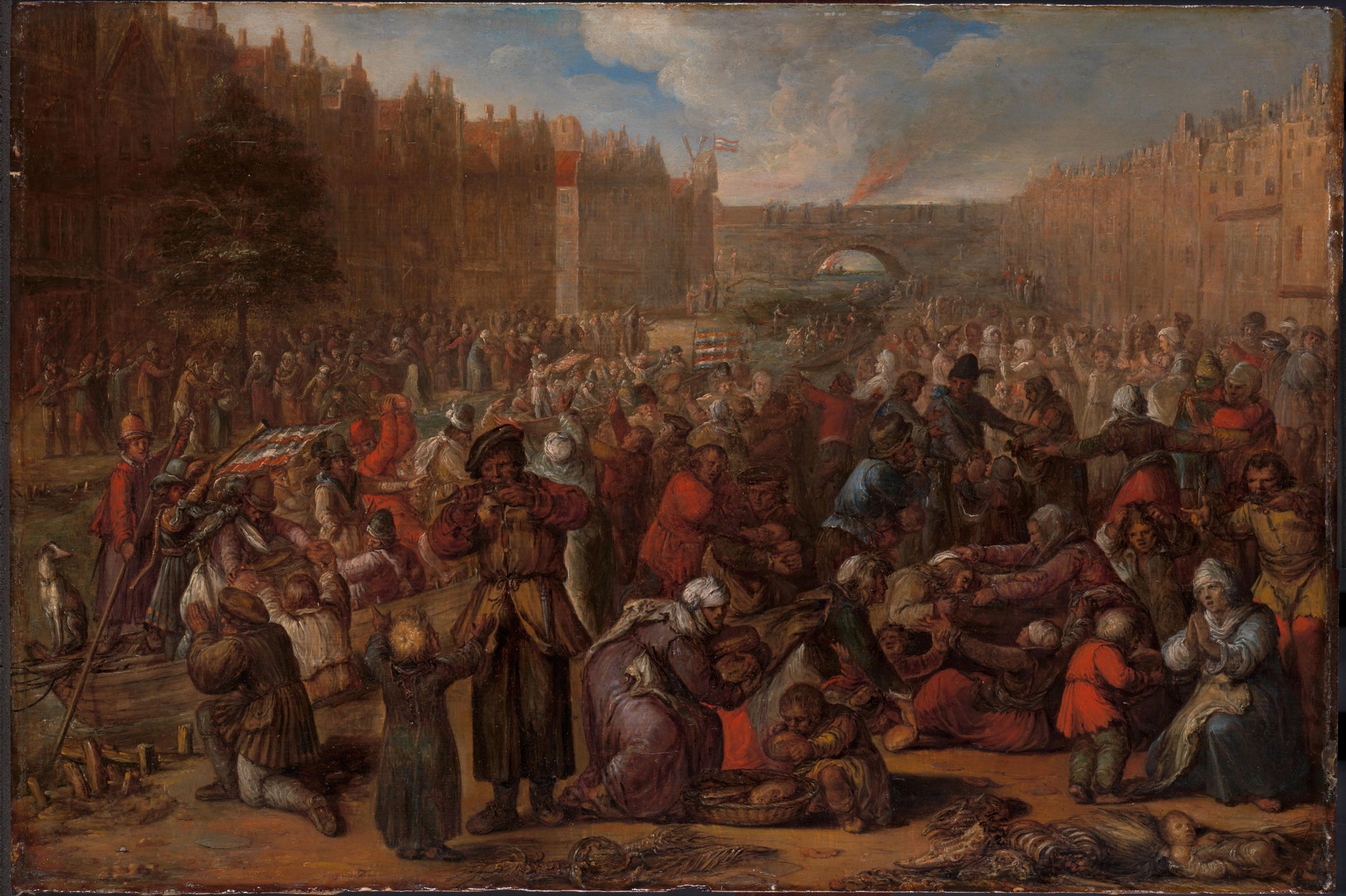 Distribution of Herring and White Bread at the Relief of Leiden, 3 October 1574 – Otto van Veen (vermeld op object) Vintage Cityscape Art Print | Wall Art Poster