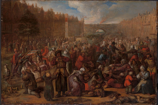 Distribution of Herring and White Bread at the Relief of Leiden, 3 October 1574 – Otto van Veen (vermeld op object) Vintage Cityscape Art Print | Wall Art Poster