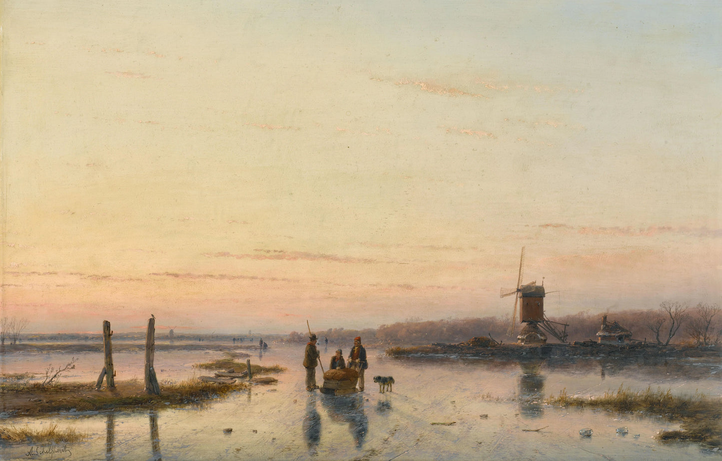 Windmill beside a frozen river – Andreas Schelfhout Vintage Landscape Art Print | Wall Art Poster