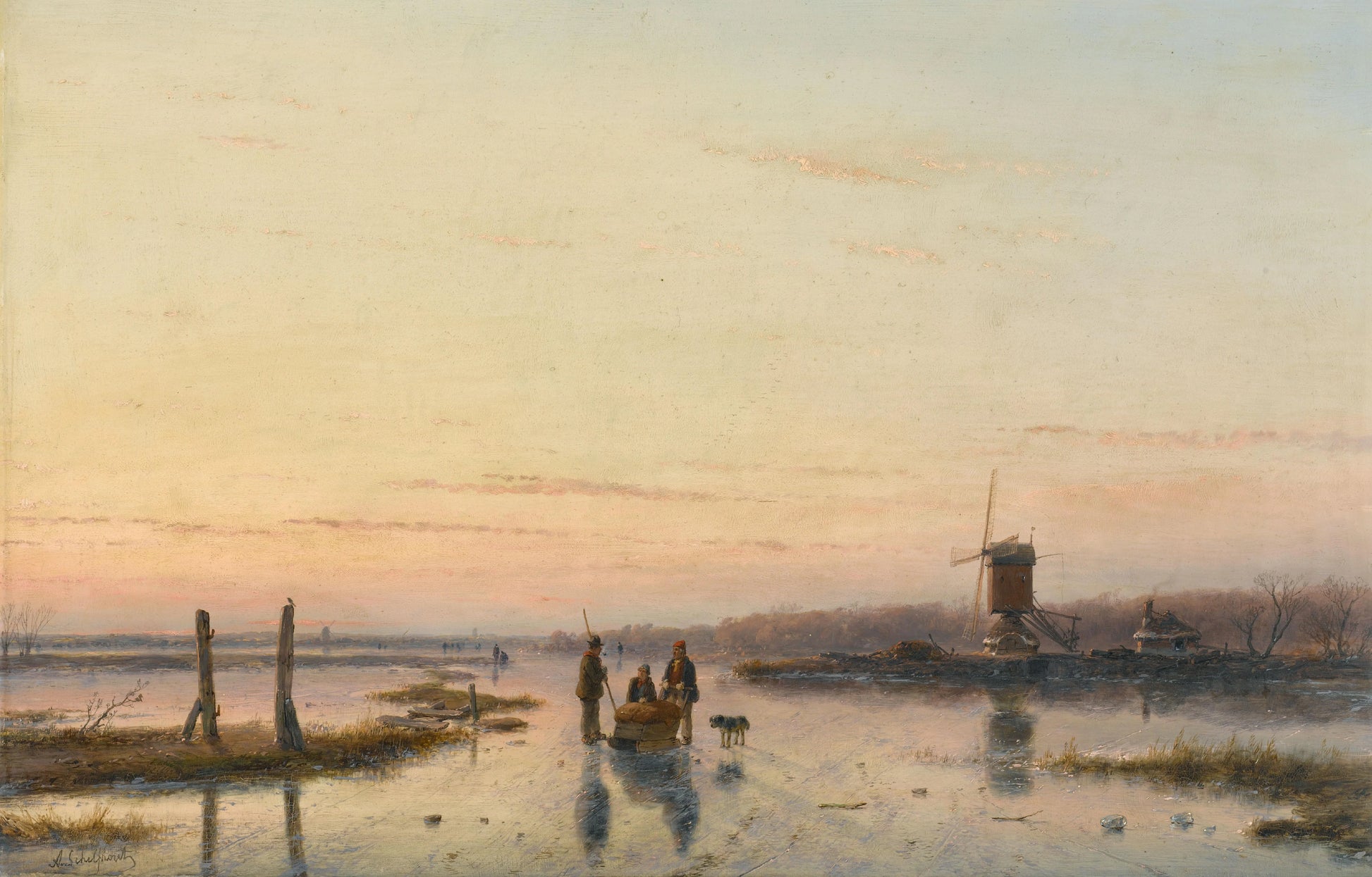 Windmill beside a frozen river – Andreas Schelfhout Vintage Landscape Art Print | Wall Art Poster