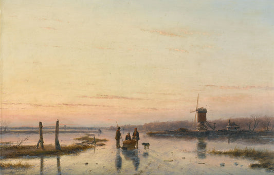 Windmill beside a frozen river – Andreas Schelfhout Vintage Landscape Art Print | Wall Art Poster