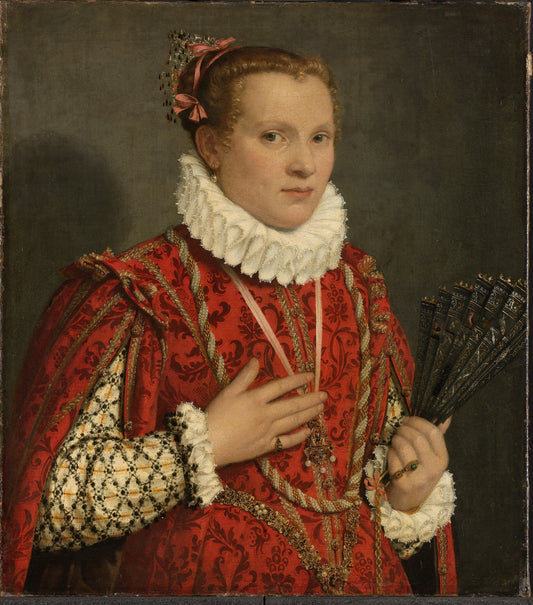Portrait of a young woman holding a fan – Giambattista Moroni, Giambattista Moroni Vintage Portrait Art Print | Wall Art Poster