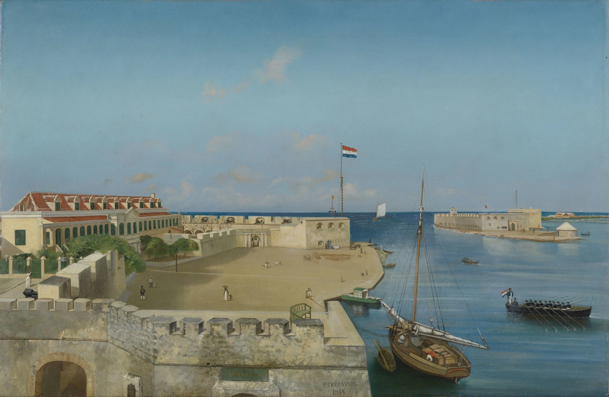 De haveningang van Willemstad met het Gouvernementspaleis – Prosper Crébassol (eigenhandig gesigneerd) Vintage Harbour Scene Art Print | Wall Art Poster