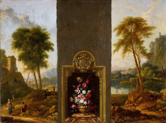 Bloemstilleven in omlijsting met monogram – attributed to Willem Hendrik Wilhelmus van Royen Vintage Art Print | Wall Art Poster
