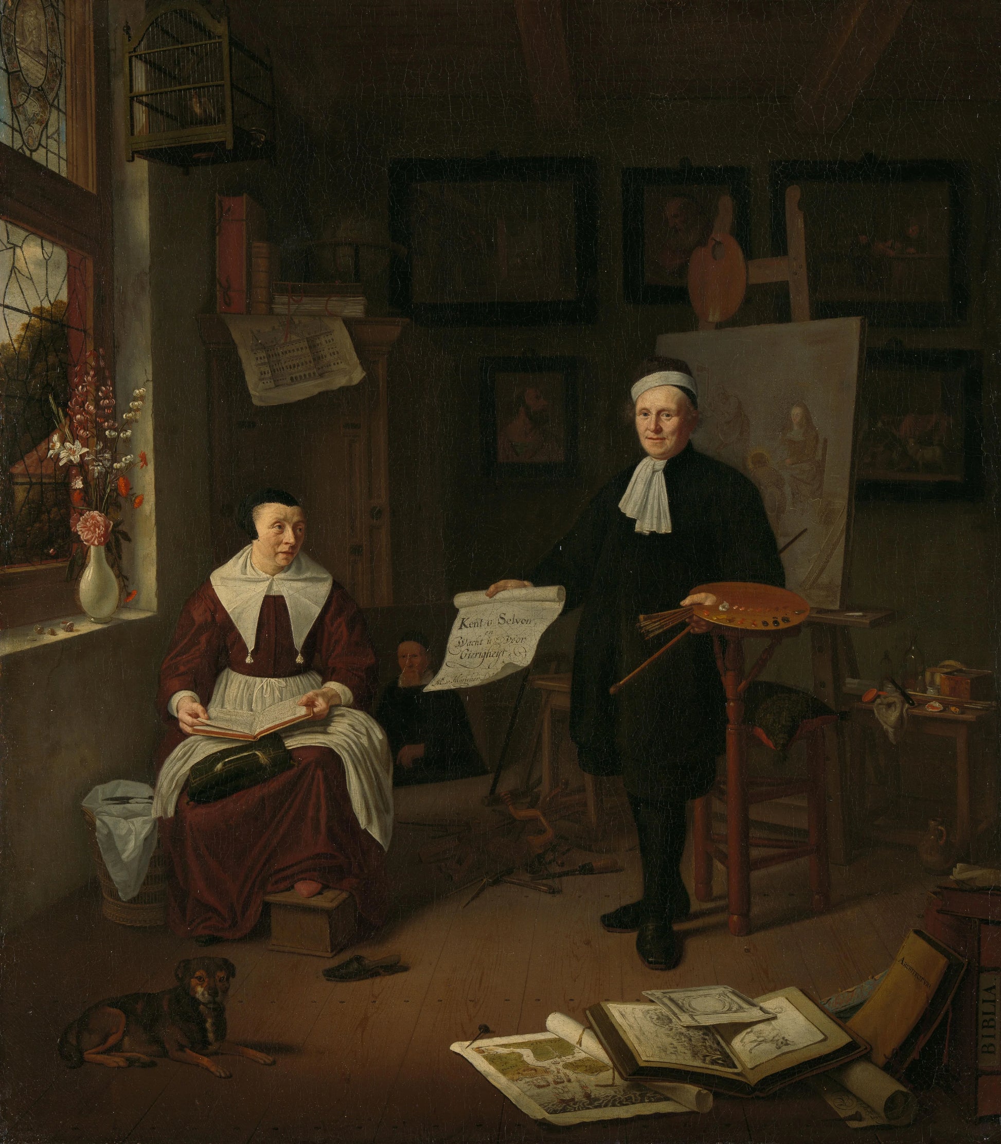 Portrait of Michiel Comans (1614-1687), calligrapher, etcher, painter and schoolmaster, with his third wife Elisabeth van der Mersche – Michiel van Musscher Vintage Self-Portrait Art Print | Wall Art Poster