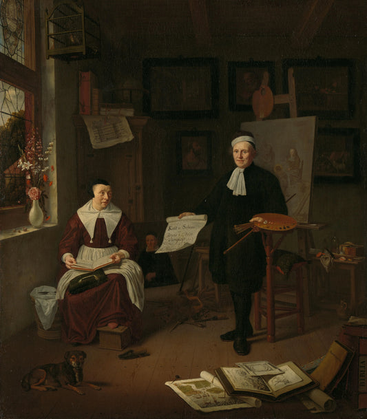Portrait of Michiel Comans (1614-1687), calligrapher, etcher, painter and schoolmaster, with his third wife Elisabeth van der Mersche – Michiel van Musscher Vintage Self-Portrait Art Print | Wall Art Poster