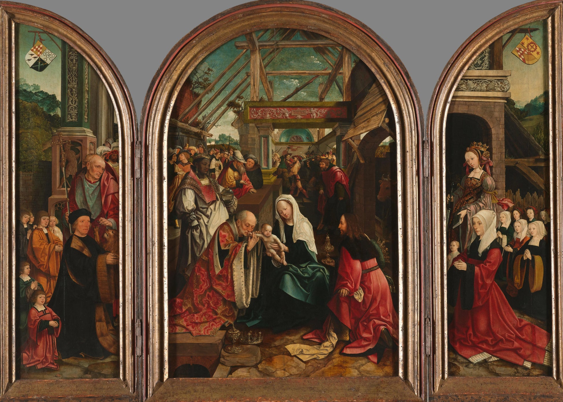 Triptych with the Adoration of the Magi (centre panel), the Donor and his Six Sons with St Jerome (inner left wing), the Donor’s Wife and her Seven Daughters with St Catherine of Alexandria (inner right wing), St Christopher (outer left wing) and St Anton