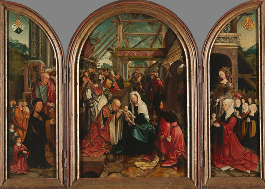 Triptych with the Adoration of the Magi (centre panel), the Donor and his Six Sons with St Jerome (inner left wing), the Donor’s Wife and her Seven Daughters with St Catherine of Alexandria (inner right wing), St Christopher (outer left wing) and St Anton