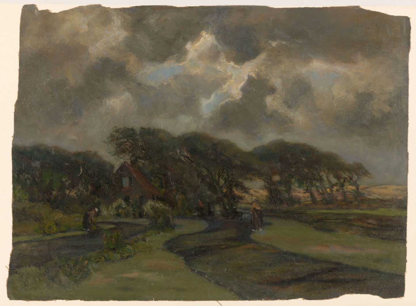 Huisje bij boomrand en vrouwen met visnetten – Frans Smissaert Vintage Landscape Art Print | Wall Art Poster