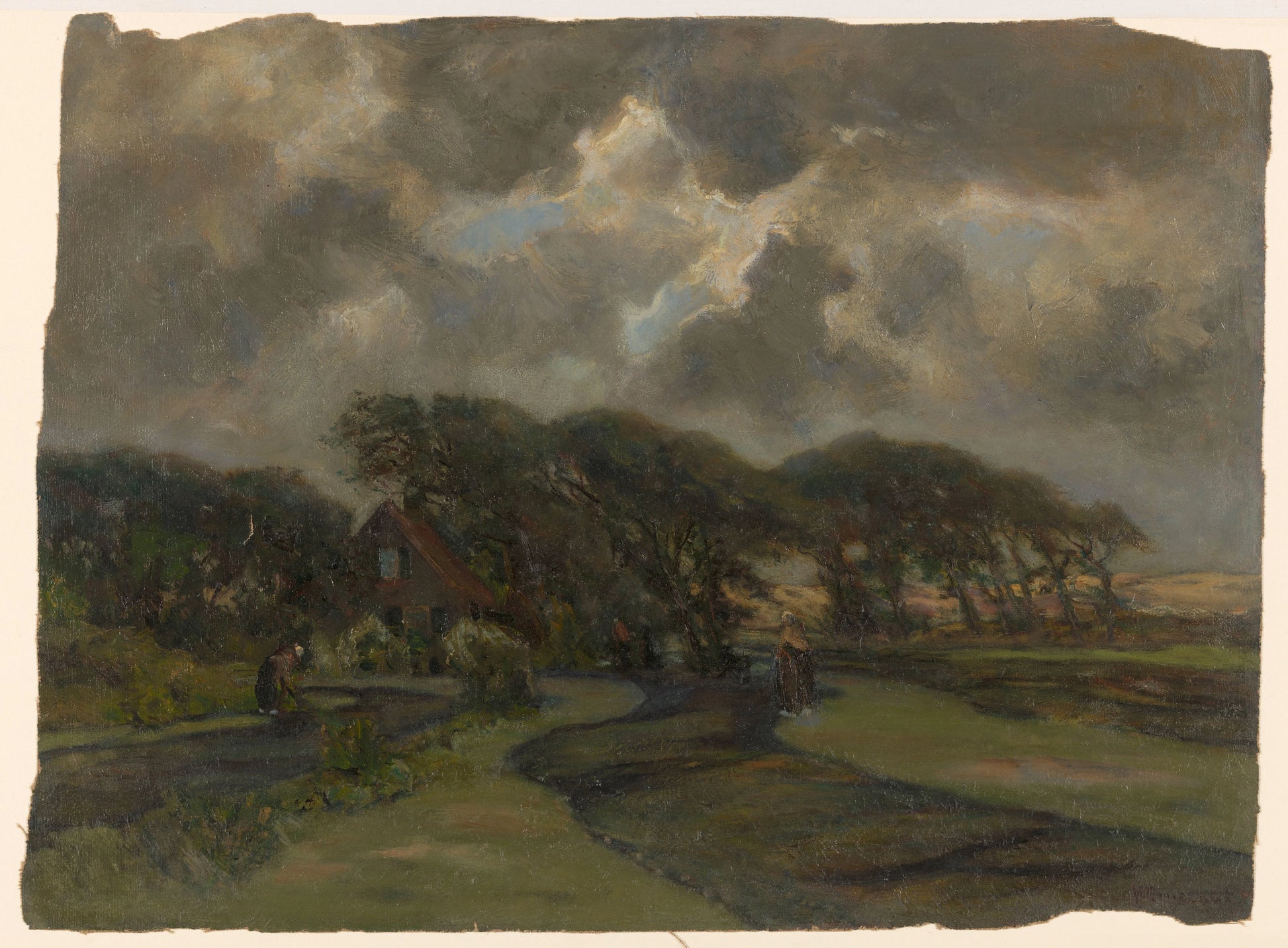 Huisje bij boomrand en vrouwen met visnetten – Frans Smissaert Vintage Landscape Art Print | Wall Art Poster