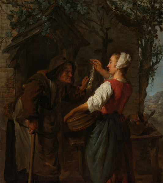 The Herring-Seller – Gabriël Metsu (vermeld op object) Vintage Street Scene Art Print | Wall Art Poster