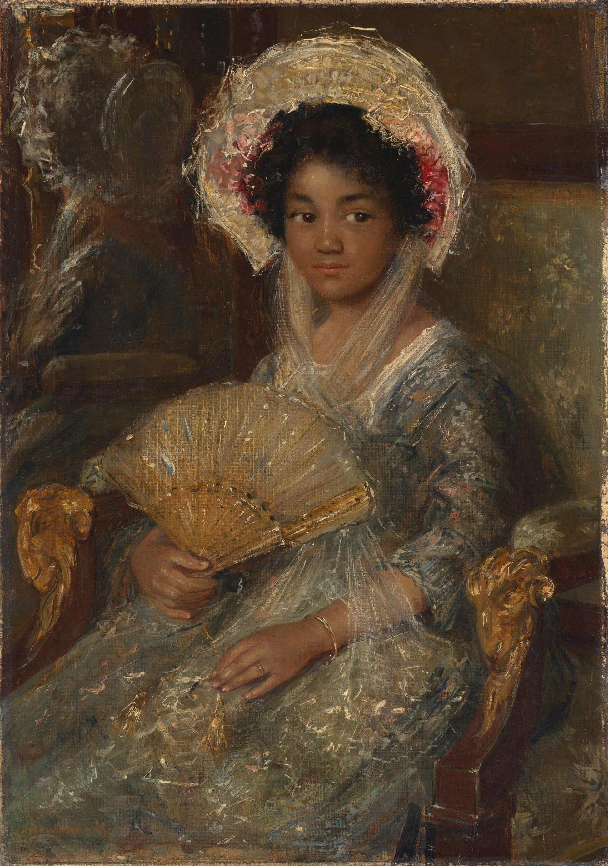 Young Woman with a Fan – Simon Maris Vintage Portrait Art Print | Wall Art Poster