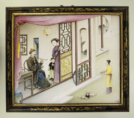 Plaque met een voorstelling in geschilderde emails: figuren in een paviljoen – anonymous Vintage Art Print | Wall Art Poster
