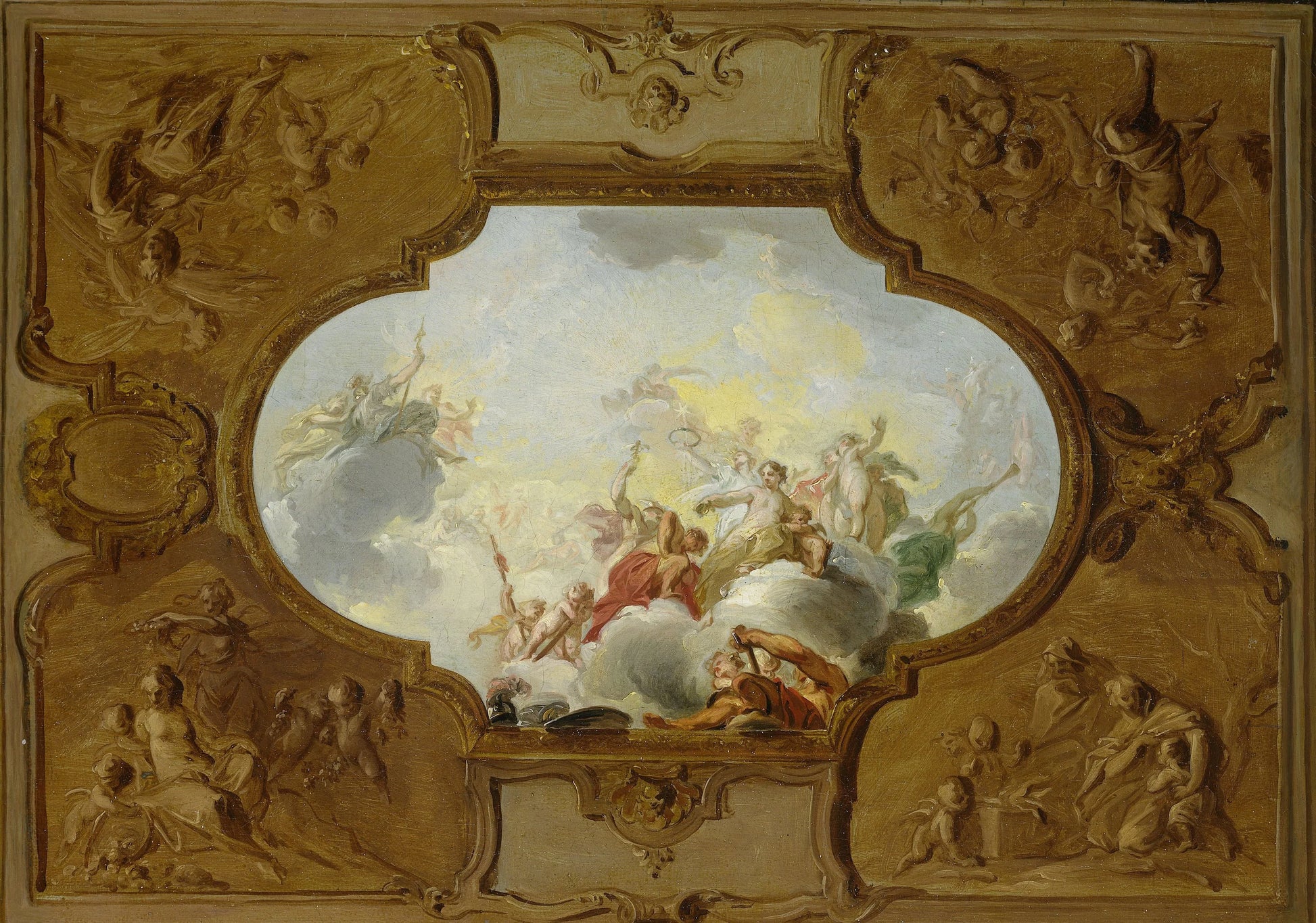 Design for a ceiling painting with the Apotheosis of Aeneas, in the corners the Four Seasons – Jacob de Wit Vintage Art Print | Wall Art Poster