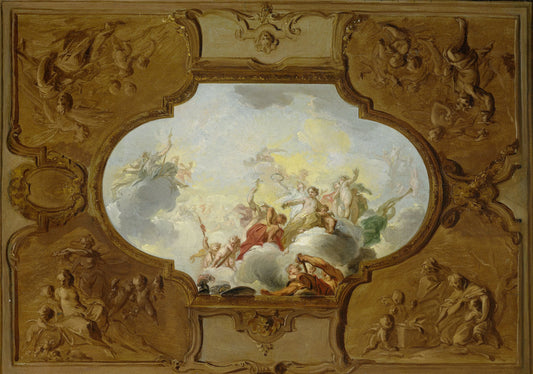 Design for a ceiling painting with the Apotheosis of Aeneas, in the corners the Four Seasons – Jacob de Wit Vintage Art Print | Wall Art Poster