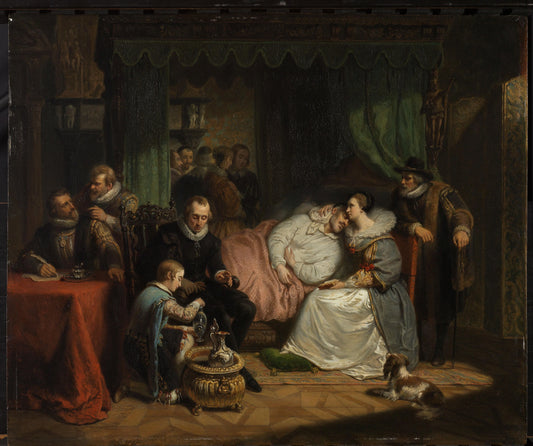 Prince William I nursed by his Wife Charlotte de Bourbon after the Abortive Attempt on his Life by Jean Jaurequi in Antwerp in 1582 – Nicolaas Pieneman Vintage Portrait Art Print | Wall Art Poster