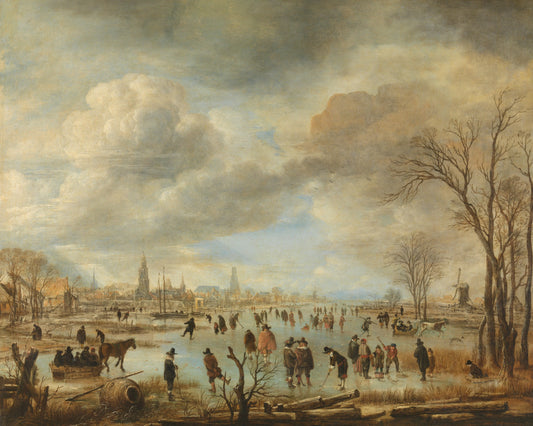 Winter Landscape near a Town with Kolf Players and Horse-Drawn Sleighs – Aert van der Neer (mentioned on object) Vintage Landscape Art Print | Wall Art Poster