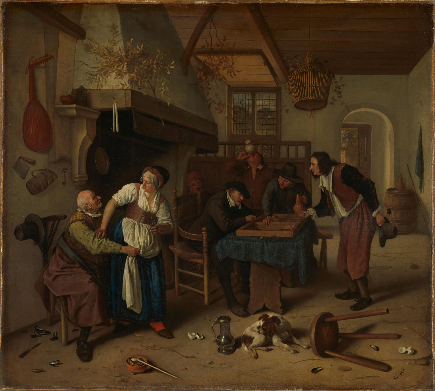 Interior of an inn with an old man amusing himself with the landlady and two men playing backgammon, known as 'Two kinds of games' – Jan Havicksz. Steen (mentioned on object) Vintage Art Print | Wall Art Poster