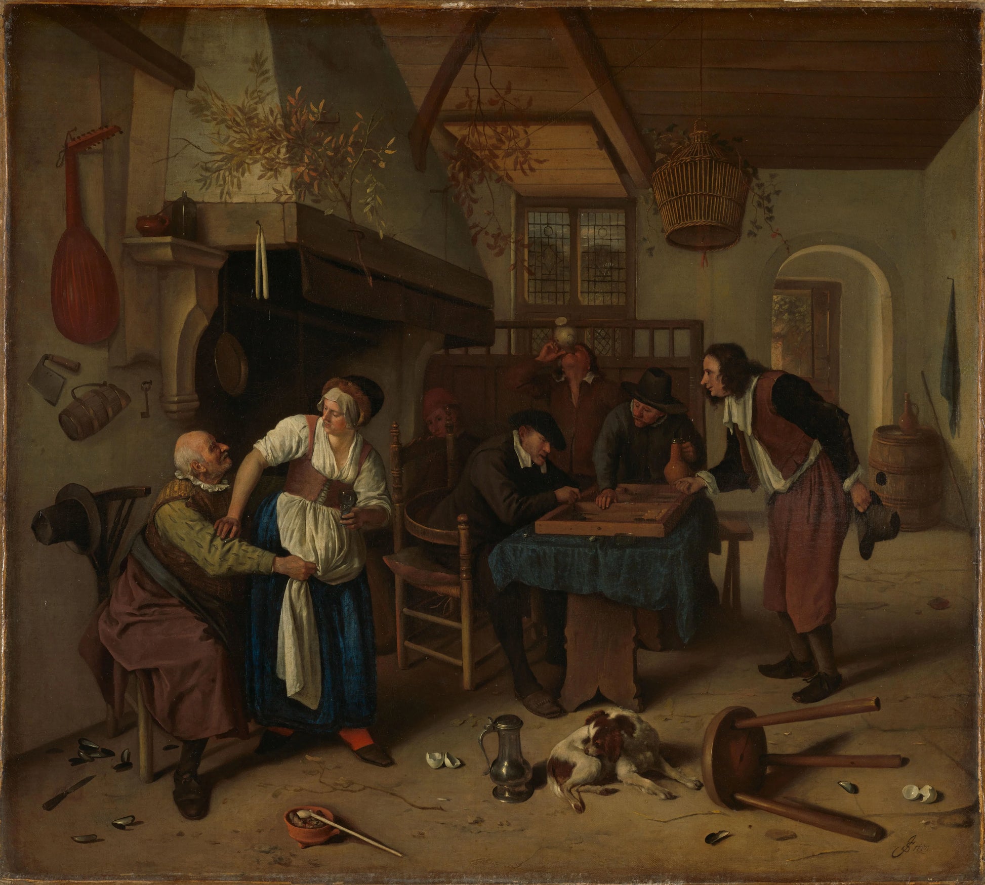 Interior of an inn with an old man amusing himself with the landlady and two men playing backgammon, known as 'Two kinds of games' – Jan Havicksz. Steen (mentioned on object) Vintage Art Print | Wall Art Poster