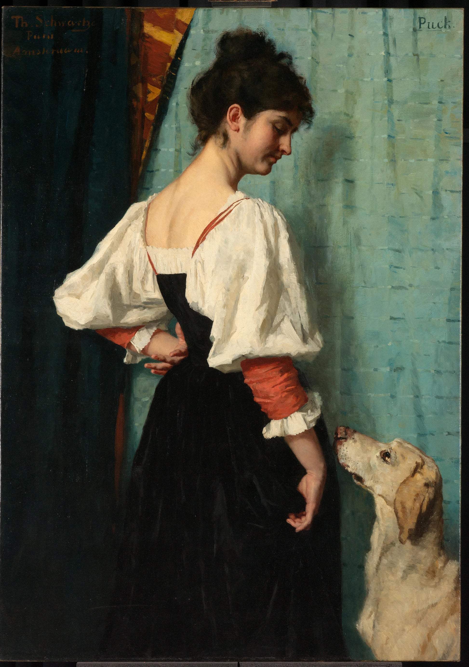 Young Italian Woman, with ‘Puck’ the Dog – Thérèse Schwartze Vintage Portrait Art Print | Wall Art Poster