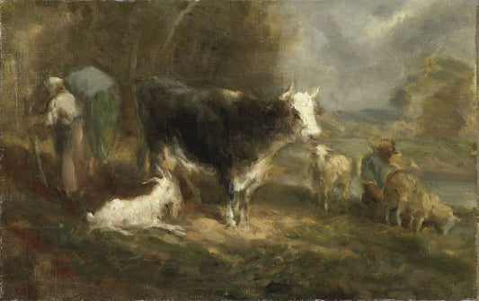 Farmyard with Cattle – Eugène Fromentin-Dupeux (mentioned on object) Vintage Animal Study Art Print | Wall Art Poster