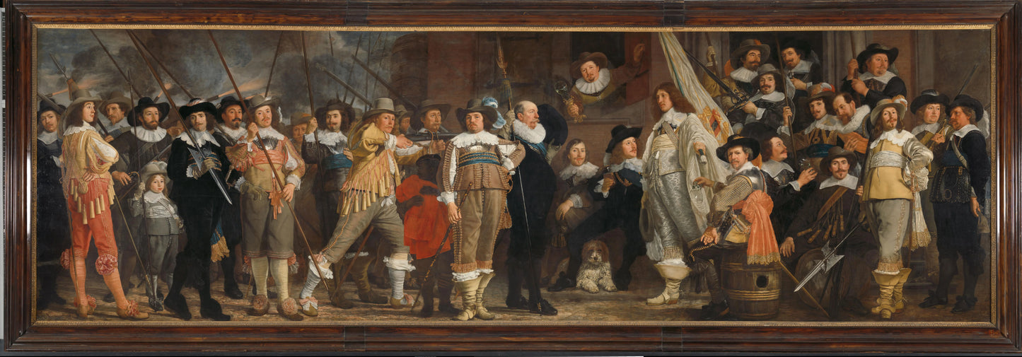 The Company of Captain Roelof Bicker and Lieutenant Jan Michielsz Blaeuw in front of the De Haan Brewery at the Corner of the Geldersekade and the Boomsloot (called the Lastage) – Bartholomeus van der Helst Vintage Portrait Art Print | Wall Art Poster