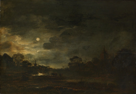 Landscape by Moonlight – Aert van der Neer (mentioned on object) Vintage Landscape Art Print | Wall Art Poster