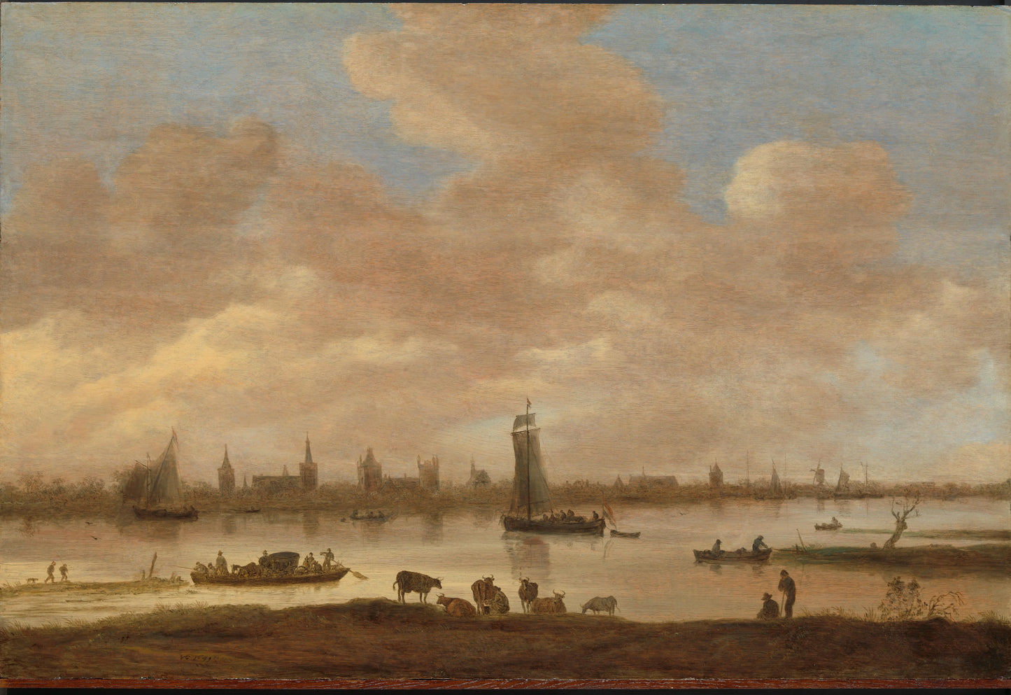 View of an Imaginary Town across a River, with the Tower of Saint Pol in Vianen – Jan van Goyen (signed by artist) Vintage River Scene Art Print | Wall Art Poster