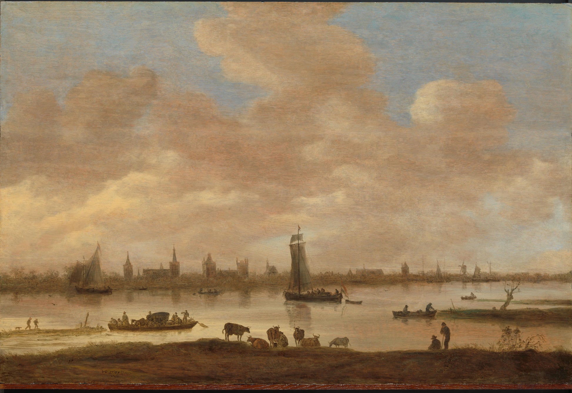 View of an Imaginary Town across a River, with the Tower of Saint Pol in Vianen – Jan van Goyen (signed by artist) Vintage River Scene Art Print | Wall Art Poster