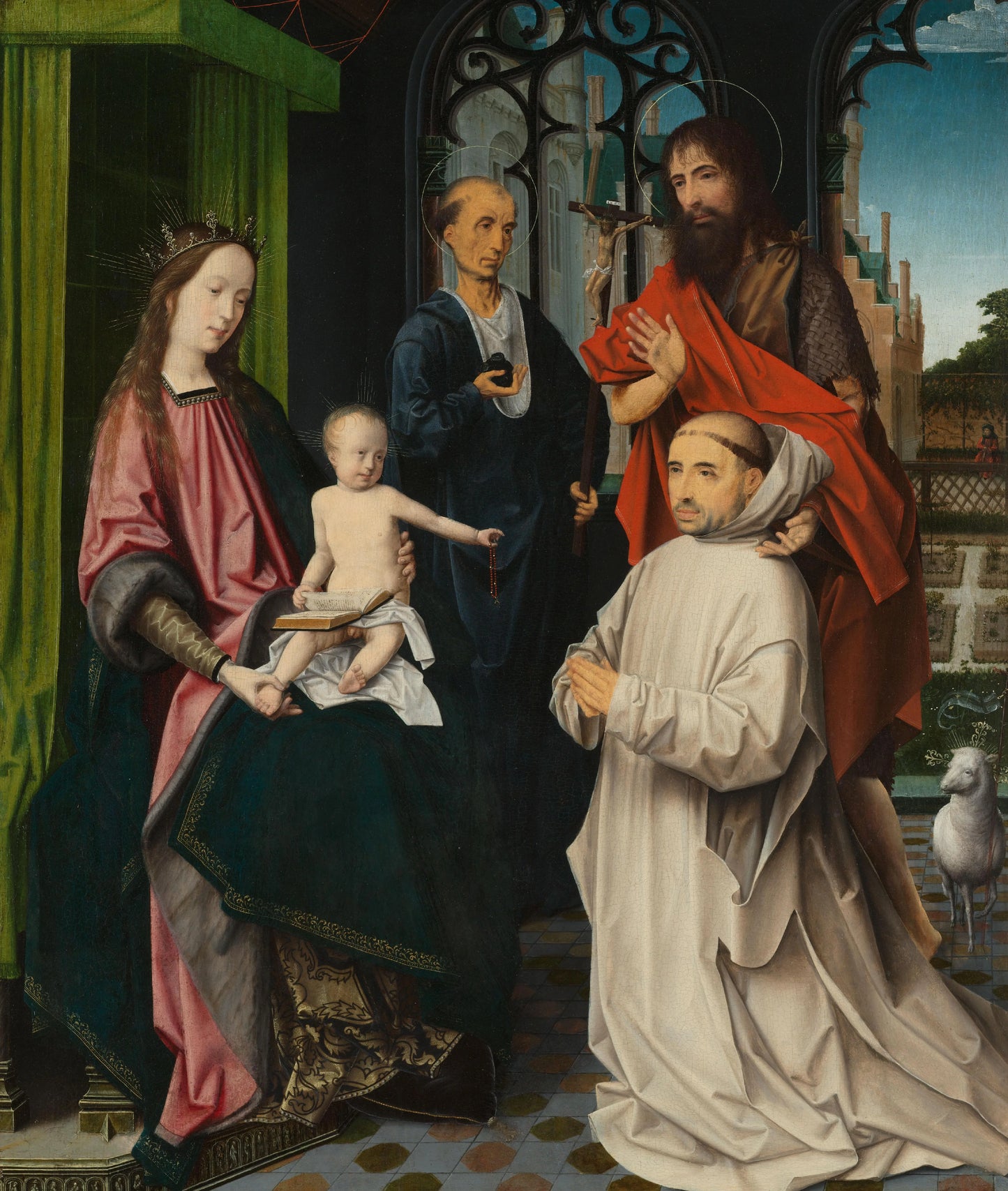 Virgin and Child Enthroned, with Saints Jerome and John the Baptist and a Carthusian Monk – toegeschreven aan Jan Provoost Vintage Art Print | Wall Art Poster