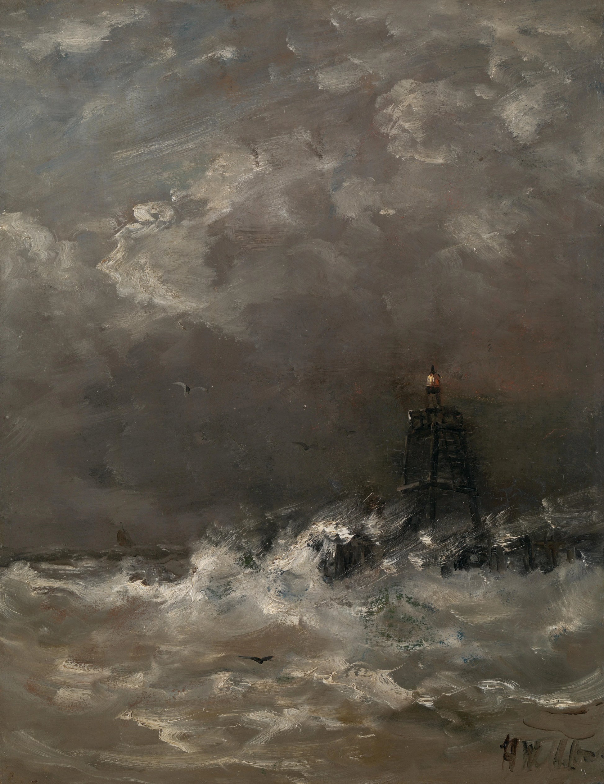 Lighthouse in Breaking Waves – Hendrik Willem Mesdag (signed by artist) Vintage Landscape Art Print | Wall Art Poster