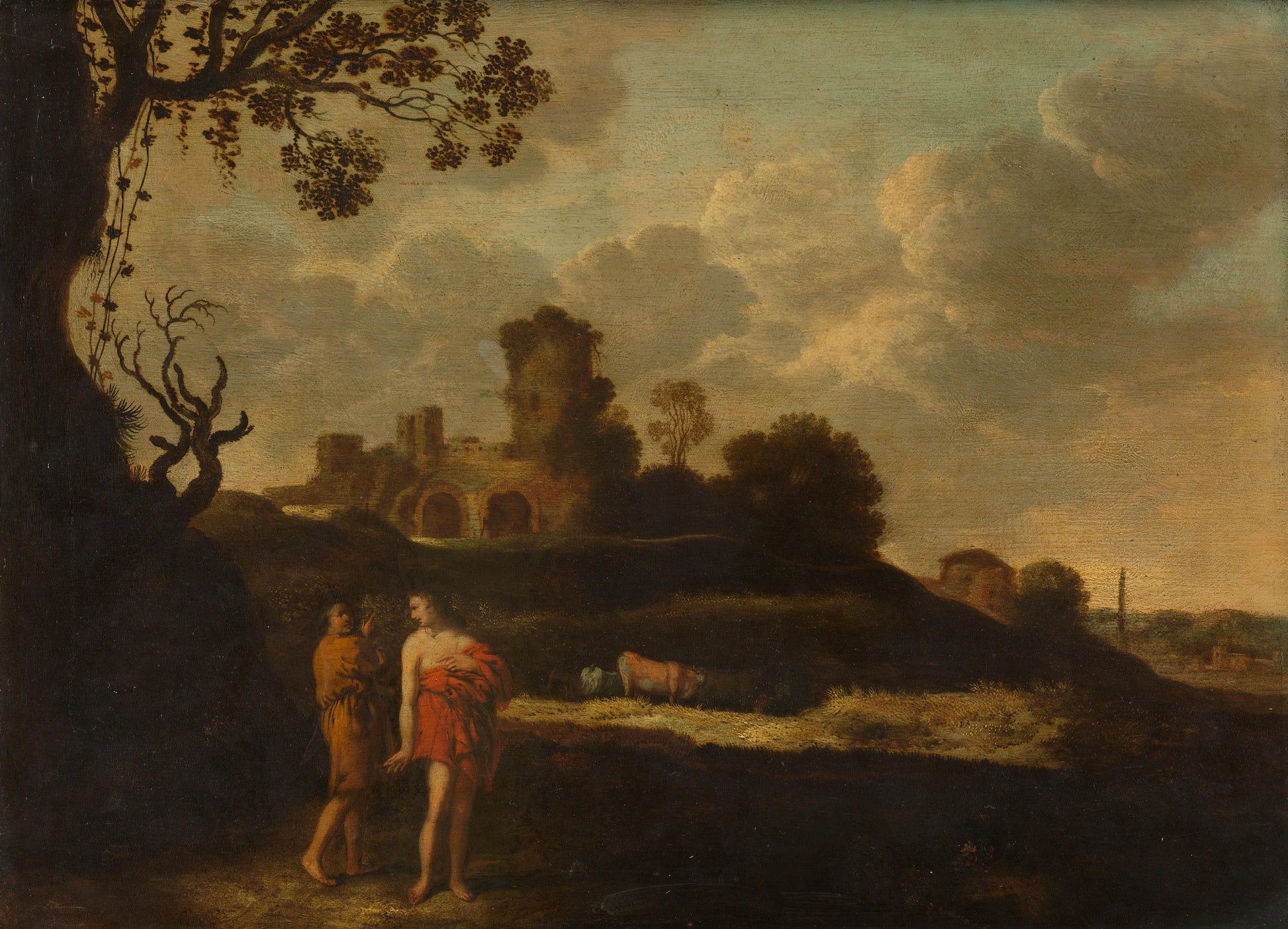 Arcadian Landscape with Herdsmen and Cattle – Dirck Dalens (I) Vintage Landscape Art Print | Wall Art Poster