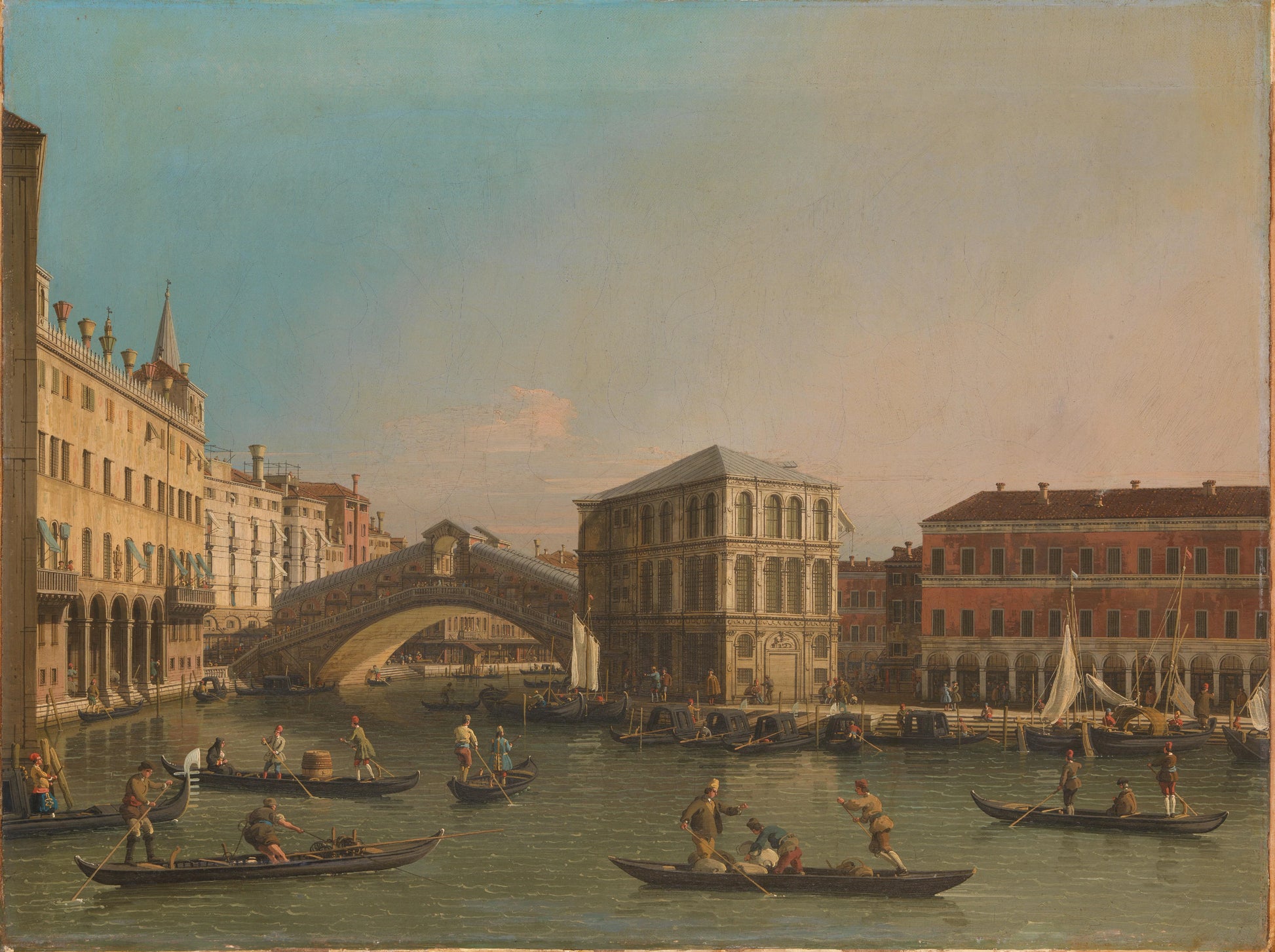The Grand Canal with the Rialto Bridge and the Fondaco dei Tedeschi – workshop of Canaletto Vintage River Scene Art Print | Wall Art Poster