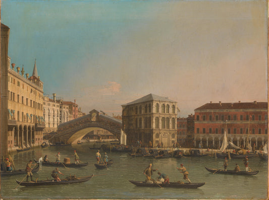 The Grand Canal with the Rialto Bridge and the Fondaco dei Tedeschi – workshop of Canaletto Vintage River Scene Art Print | Wall Art Poster